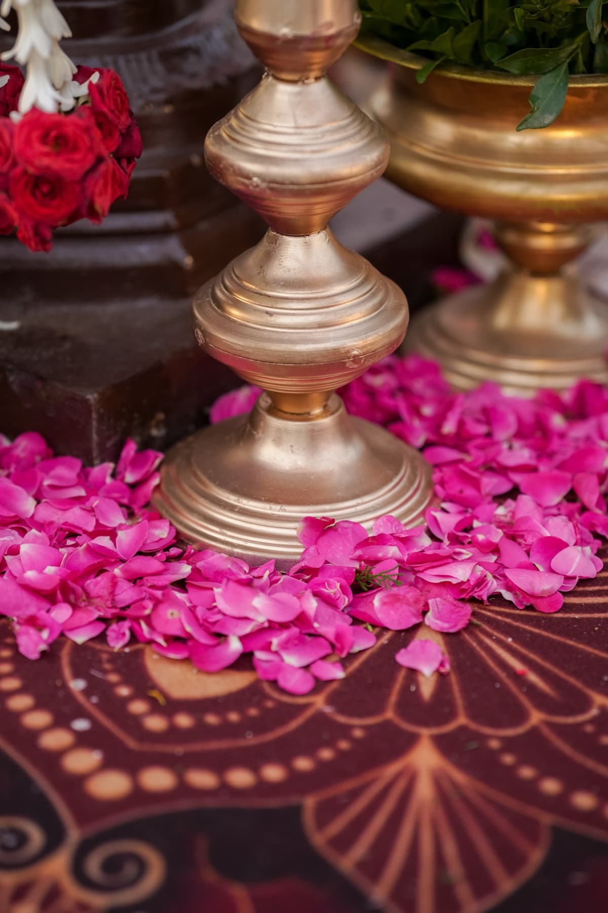Brass Diyas on Rose Petals